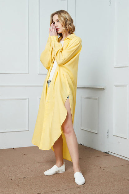 Long linen yellow shirt, loose linen shirt, linen spring shirt, womens shirt, buttons down shirt, linen causal shirt C1398