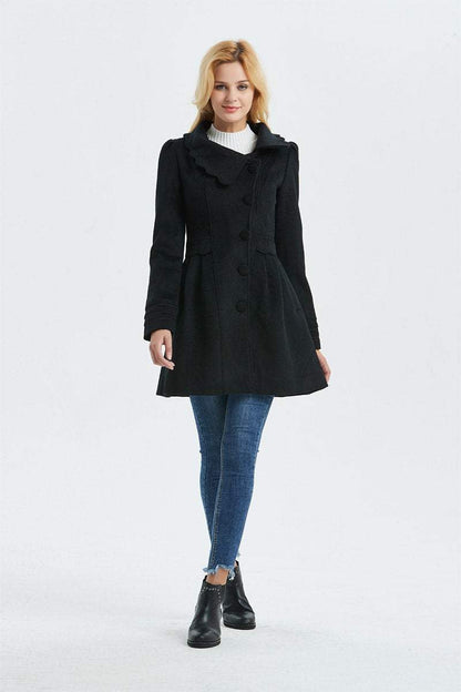Gray Winter Coat - Woman's Outerwear Charcoal Grey Feminine Coat with Large Collar & Picot Edging C382 (CF126)