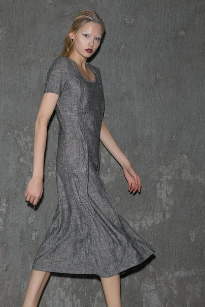 Gray Linen Dress - Long Short-Sleeved Casual Loose-Fitting Handmade Designer Dress with Pockets C647