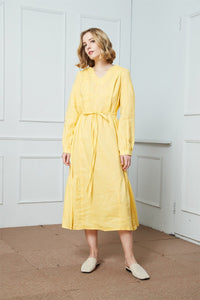 Linen dress, Drawstring Casual Dress, yellow linen dress, womens dress, long sleeve linen dress, v-neckline linen dress C1408