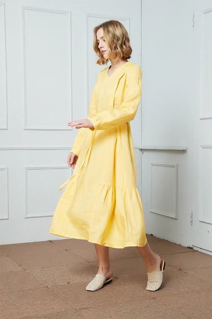 Linen dress, Drawstring Casual Dress, yellow linen dress, womens dress, long sleeve linen dress, v-neckline linen dress C1408