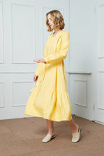 Load image into Gallery viewer, Linen dress, Drawstring Casual Dress, yellow linen dress, womens dress, long sleeve linen dress, v-neckline linen dress C1408
