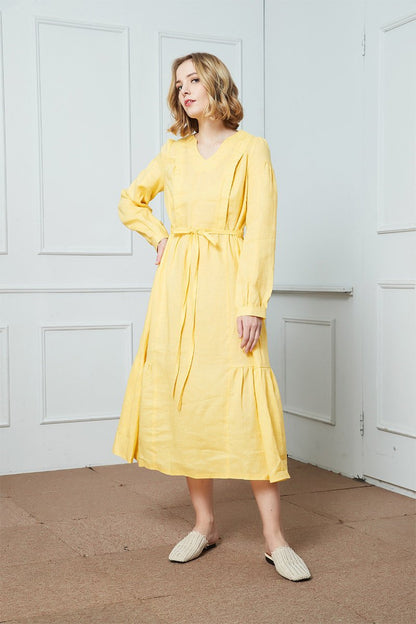 Linen dress, Drawstring Casual Dress, yellow linen dress, womens dress, long sleeve linen dress, v-neckline linen dress C1408