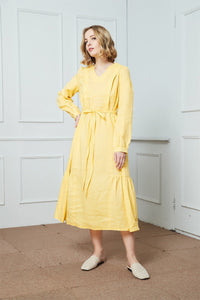 Linen dress, Drawstring Casual Dress, yellow linen dress, womens dress, long sleeve linen dress, v-neckline linen dress C1408