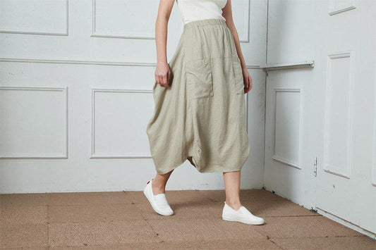 Linen skirt, Asymmetrical linen Skirt, Elastic Waist skirt, womens skirts, skirt with big pockets, gray linen skirt, summer skirt C1403