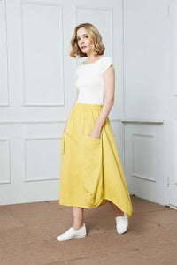 Linen skirt, Asymmetrical linen Skirt, Elastic Waist skirt, womens skirts, skirt with big pockets, gray linen skirt, summer skirt C1403