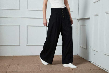 Linen Pants, wide-legged pants, Long linen Pants, Black linen pants, women pants, linen palazzo pants, buttons pants, pockets pants C1400