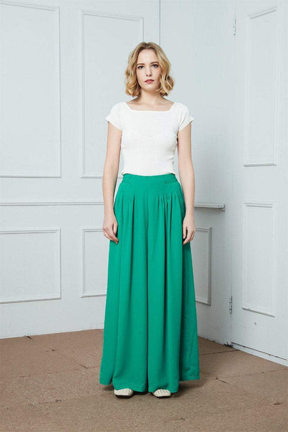Wide-Legs Chiffon Long Pants, Pleated Wide Leg Pants, green chiffon maxi pants, Chiffon casual womens pants, summer pants for womens C1387