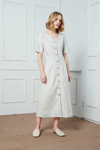 Gray Linen Button Detail Shirt Dress/Summer Linen Gray  Buttoned Midi Dress