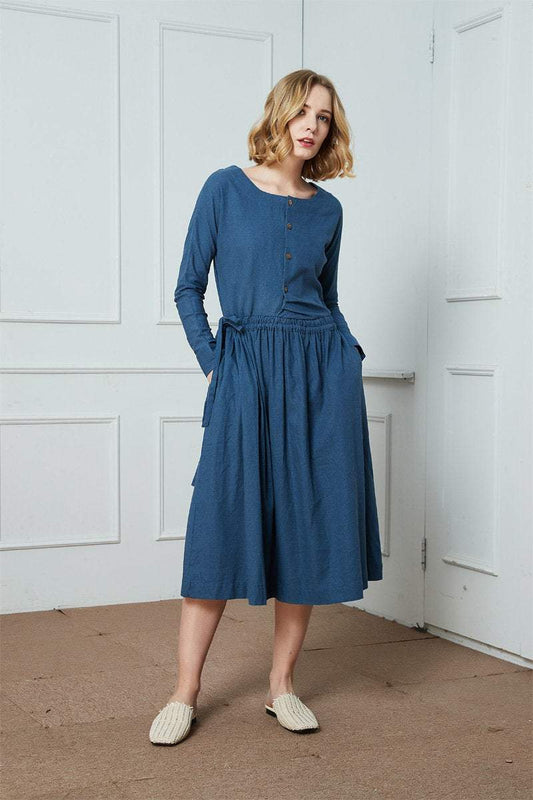 Linen Dress/drawstring waist Linen Dress/Linen long Sleeve Dress/ Linen Women Dress/Ylistyle Handmade dress