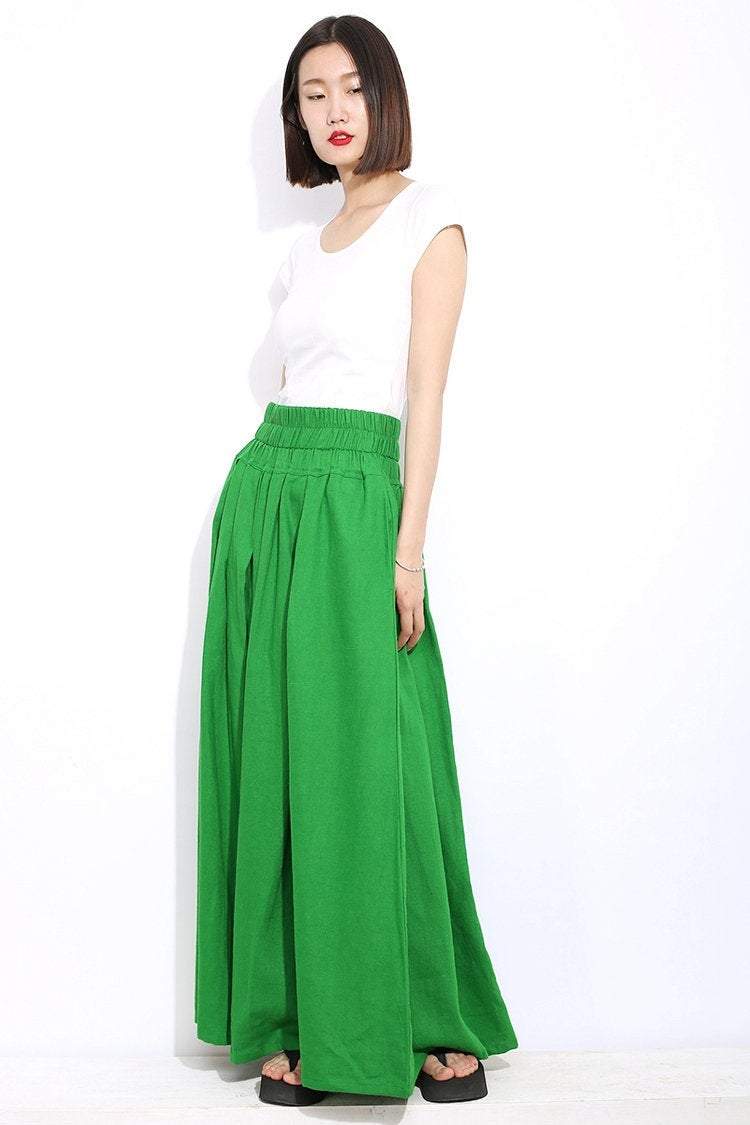 Green linen womens skirt,  maxi womens summer skirt, long skirt with pockets, elastic skirt, Long linen skirt, linen pleated skirt C310
