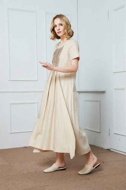 Pleated linen dress, Short Sleeved Linen Dress, Beige Linen Dress, Linen Dress, loose linen dress, womens dress, long linen dress C1426