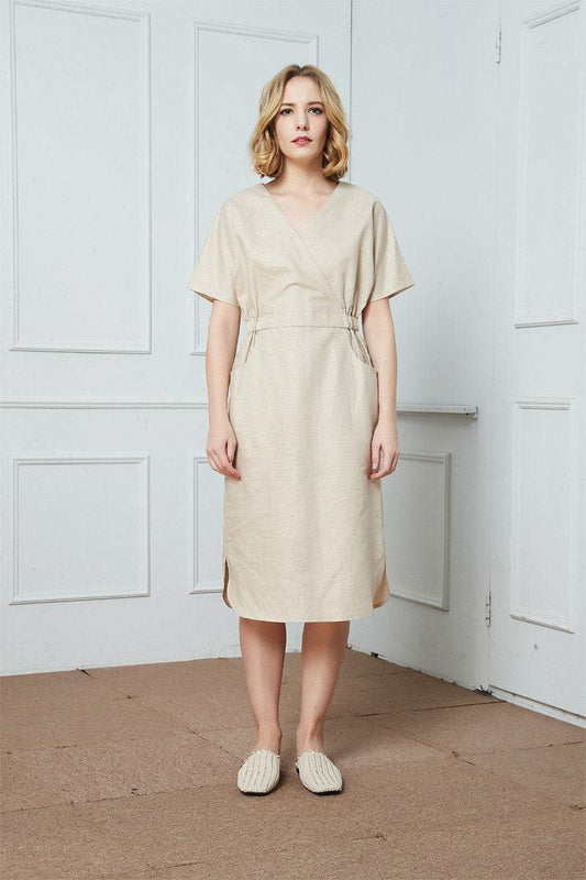Linen dress, beige linen dress, midi linen dress, wrap linen dress, summer Dress, pockets dress C1425