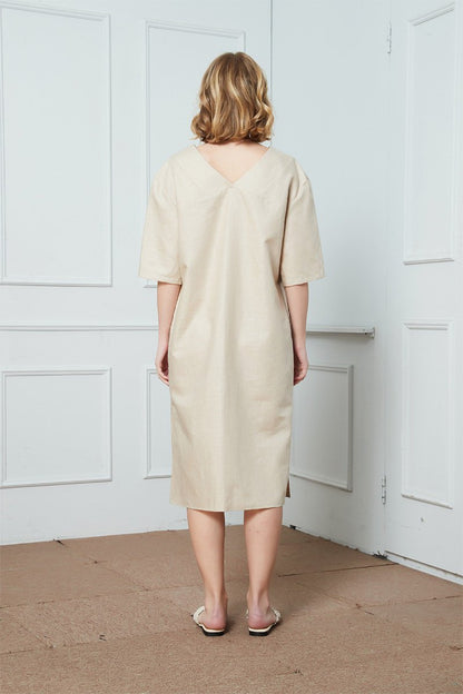 Simiple linen dress, summer dress, everyday dress, v-neck Linen Dress, oversized linen dress, Linen Kimono Sleeve Dress, beige dress C1424