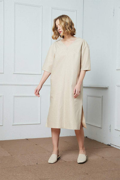 Simiple linen dress, summer dress, everyday dress, v-neck Linen Dress, oversized linen dress, Linen Kimono Sleeve Dress, beige dress C1424