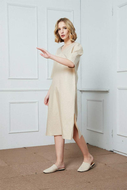 Simiple linen dress, summer dress, everyday dress, v-neck Linen Dress, oversized linen dress, Linen Kimono Sleeve Dress, beige dress C1424