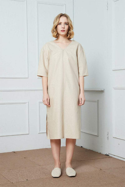 Simiple linen dress, summer dress, everyday dress, v-neck Linen Dress, oversized linen dress, Linen Kimono Sleeve Dress, beige dress C1424