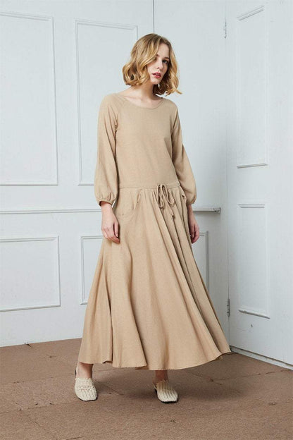 Linen dress, maxi linen dress, drawstring waist dress, oversize linen dress, long linen dress, dress with pockets C1428