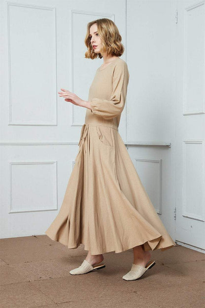 Linen dress, maxi linen dress, drawstring waist dress, oversize linen dress, long linen dress, dress with pockets C1428