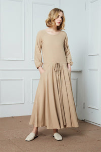 Linen dress, maxi linen dress, drawstring waist dress, oversize linen dress, long linen dress, dress with pockets C1428