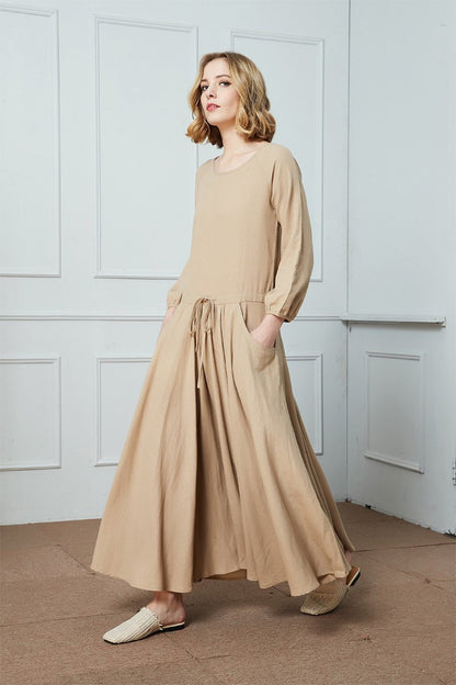 Linen dress, maxi linen dress, drawstring waist dress, oversize linen dress, long linen dress, dress with pockets C1428