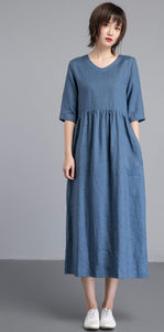 Simiple linen dress, Blue linen dress, womens dresses, long linen dress with pockets, loose linen dress, linen clothing C1256