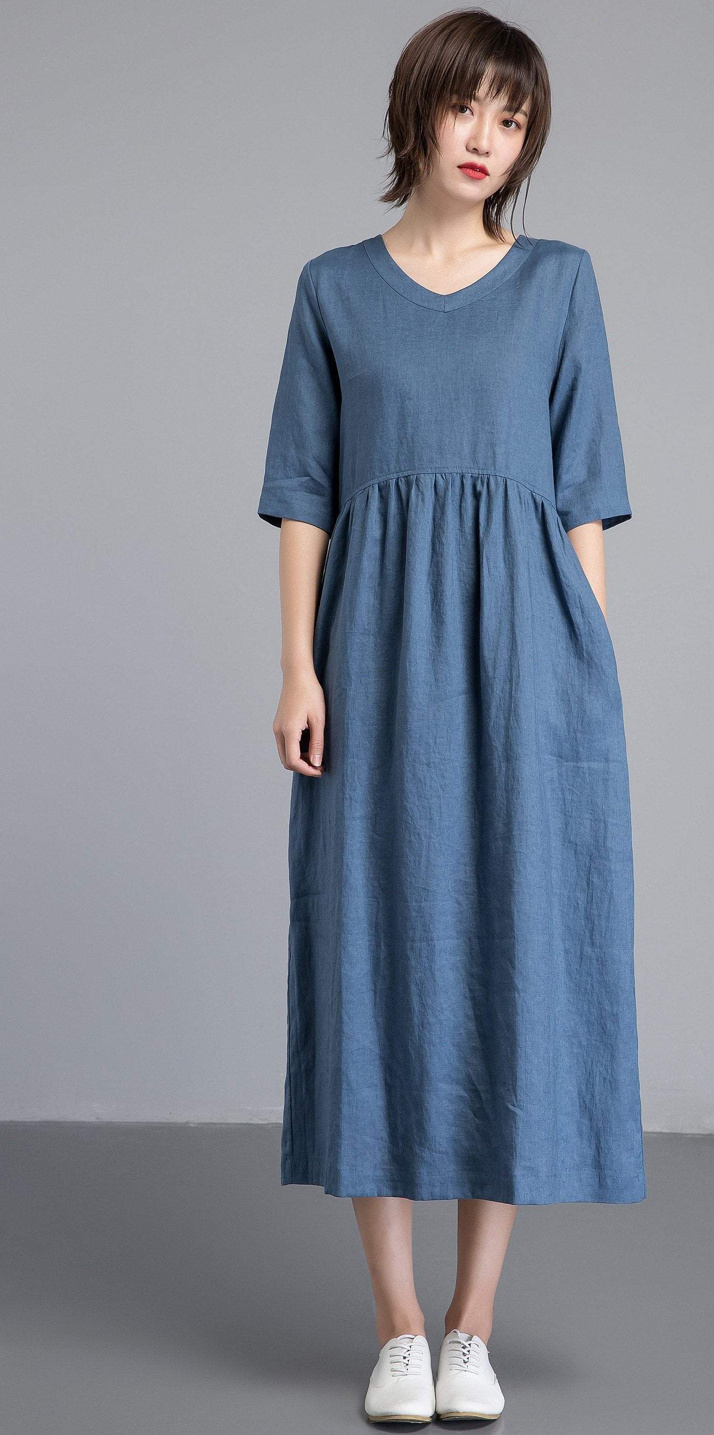 Simiple linen dress, Blue linen dress, womens dresses, long linen dress with pockets, loose linen dress, linen clothing C1256
