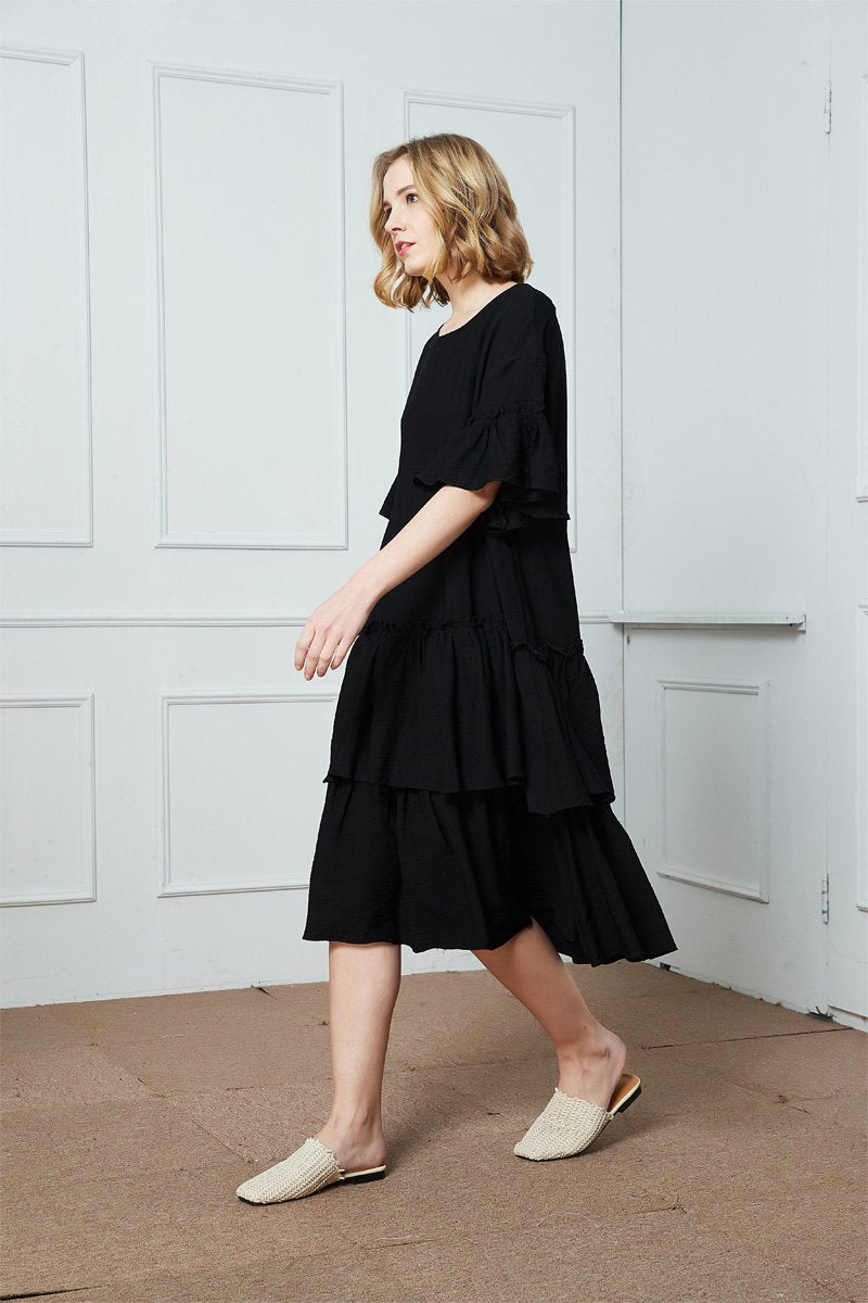Black cotton ruffle dress, oversized cotton dress, midi dress, womens dresses, summer dress C1407