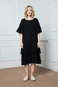 Black cotton ruffle dress, oversized cotton dress, midi dress, womens dresses, summer dress C1407