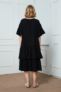 Black cotton ruffle dress, oversized cotton dress, midi dress, womens dresses, summer dress C1407