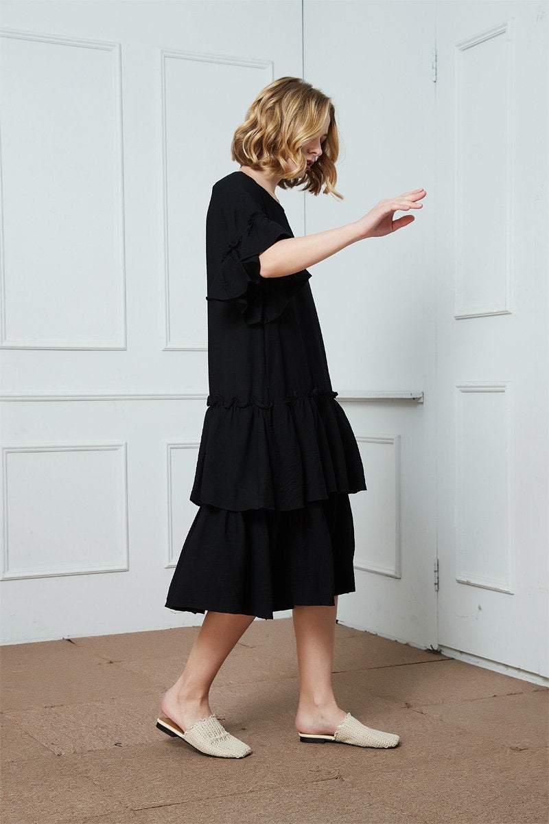 Black cotton ruffle dress, oversized cotton dress, midi dress, womens dresses, summer dress C1407