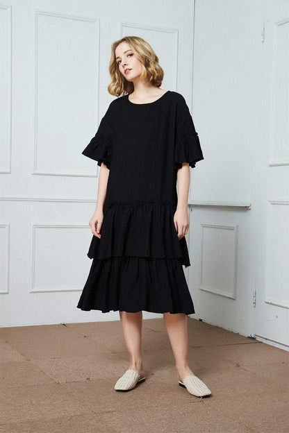 Black cotton ruffle dress, oversized cotton dress, midi dress, womens dresses, summer dress C1407