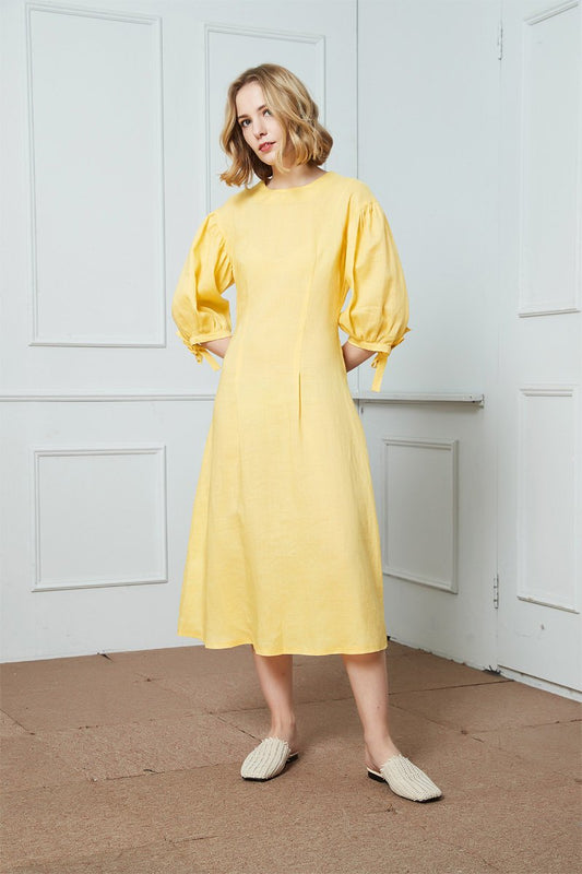 Linen Dress, Yellow Linen dress,  Midi Dress, Womens Dresses, Organic Linen Dress, Summer Dress C1409