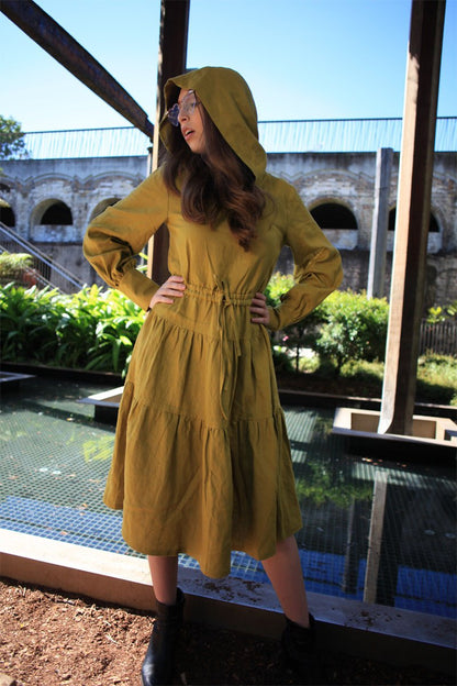 Greenish mustard dress, linen dress, oversized linen dress, linen casual dress, drawstring waist dress, midi dress, womens dresses C1488