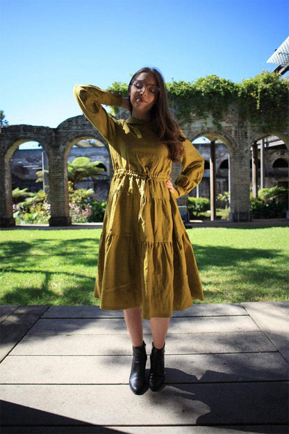 Greenish mustard dress, linen dress, oversized linen dress, linen casual dress, drawstring waist dress, midi dress, womens dresses C1488