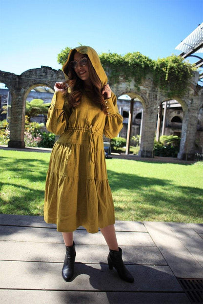 Greenish mustard dress, linen dress, oversized linen dress, linen casual dress, drawstring waist dress, midi dress, womens dresses C1488
