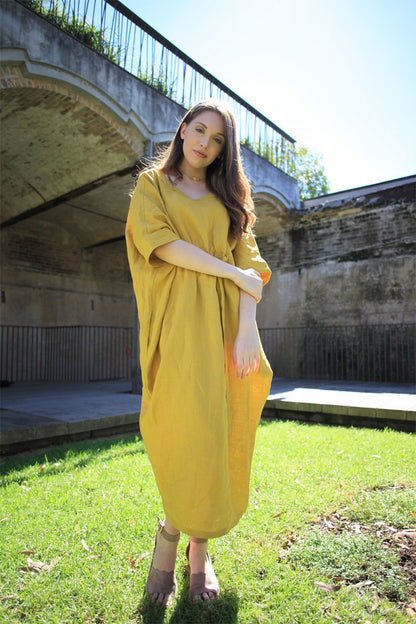 Linen dress, oversized dress, yellow dress, drawing string dress, womens dresses, linen casual dress, pockets dress