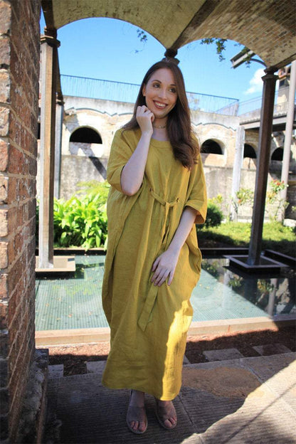 Linen dress, oversized dress, yellow dress, drawing string dress, womens dresses, linen casual dress, pockets dress