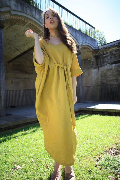 Linen dress, oversized dress, yellow dress, drawing string dress, womens dresses, linen casual dress, pockets dress