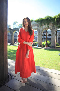 Linen dress, simiple linen dress, long linen dress, womens dress, red dress, pleated dress, pockets dress C1501