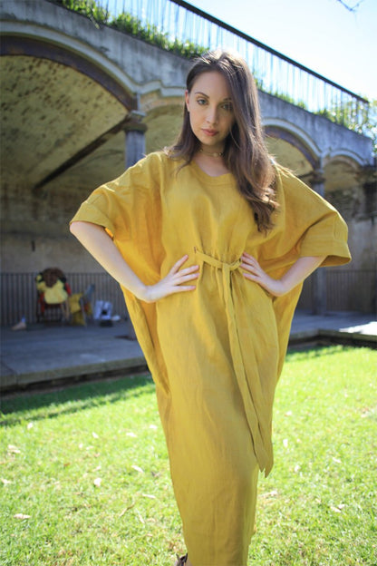 White Linen Dress - Loose-Fitting Casual or Smart Women's Designer Dress with Black Ribbon Tie & Batwing Sleeves C913