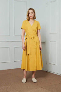 Yellow midi shirt dress, linen shirt dress, V Neck buttons mid dress, womens linen dress, Ylistyle linen midi shirt dress C1476