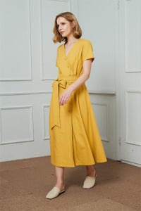 Yellow midi shirt dress, linen shirt dress, V Neck buttons mid dress, womens linen dress, Ylistyle linen midi shirt dress C1476