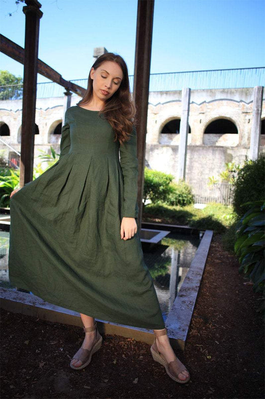 Linen dress, green linen dress, Semi-Fitted Long Maxi Plus Size Long-Sleeved Spring/Summer Woman's Dress with Round Scoop Neckline C1500