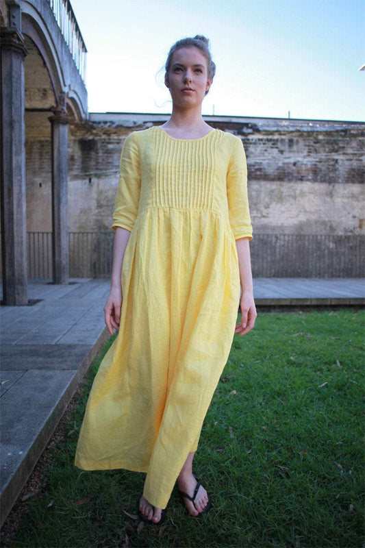 Yellow linen dress, linen dress, maxi dress, causal dress, pleated dress, Long linen dress, women dress, causal dress, pleated dress C1271