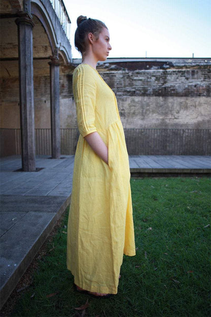 Yellow linen dress, linen dress, maxi dress, causal dress, pleated dress, Long linen dress, women dress, causal dress, pleated dress C1271