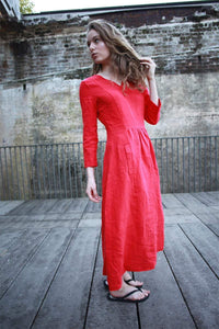 Linen dress, simiple linen dress, long linen dress, womens dress, red dress, pleated dress, pockets dress C1501
