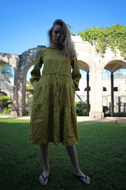Greenish mustard dress, linen dress, oversized linen dress, linen casual dress, drawstring waist dress, midi dress, womens dresses C1488