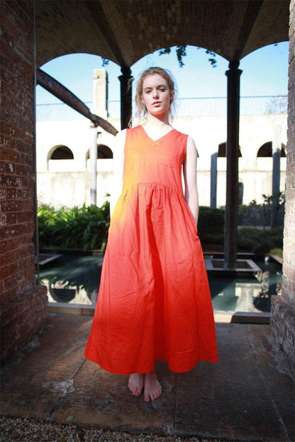 Linen dress, orange Linen Dress, Maxi Neutral Color V-neck Sleeveless Loose-Fitting Summer Dress with Pocket C1492