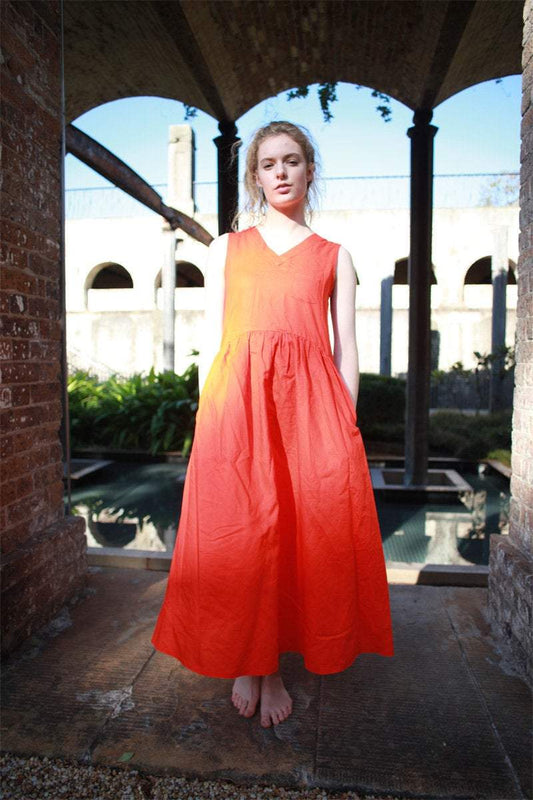 Linen dress, orange Linen Dress, Maxi Neutral Color V-neck Sleeveless Loose-Fitting Summer Dress with Pocket C1492